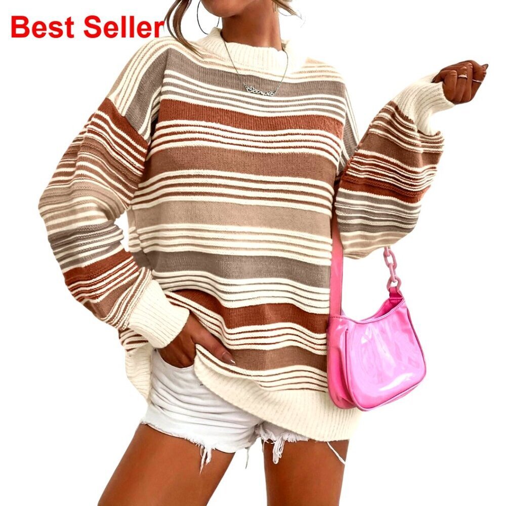 Oversized Striped Pullover Sweater, Lightweight Knit, Fall Winter Tops